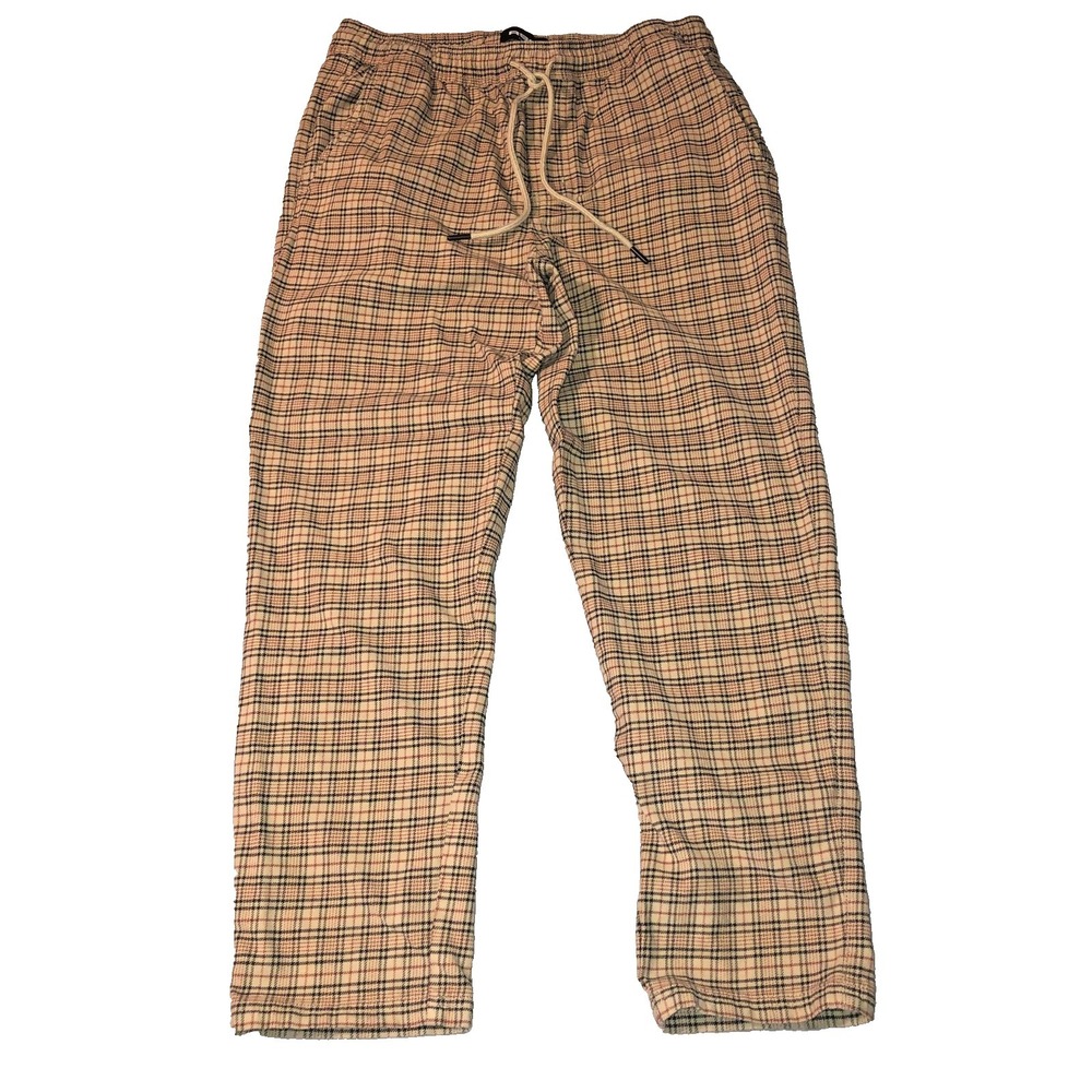 RSQ Pants Men's Size Large Beige Plaid Pull On Pants Elastic Waist Casual Pocket